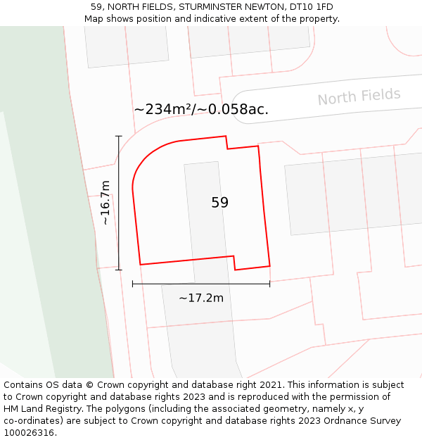 59, NORTH FIELDS, STURMINSTER NEWTON, DT10 1FD: Plot and title map