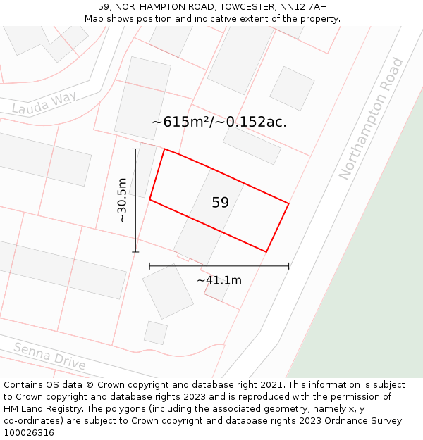 59, NORTHAMPTON ROAD, TOWCESTER, NN12 7AH: Plot and title map