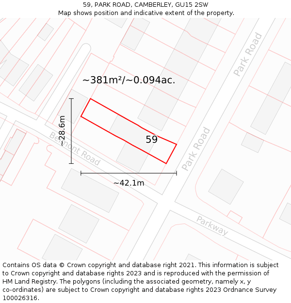 59, PARK ROAD, CAMBERLEY, GU15 2SW: Plot and title map