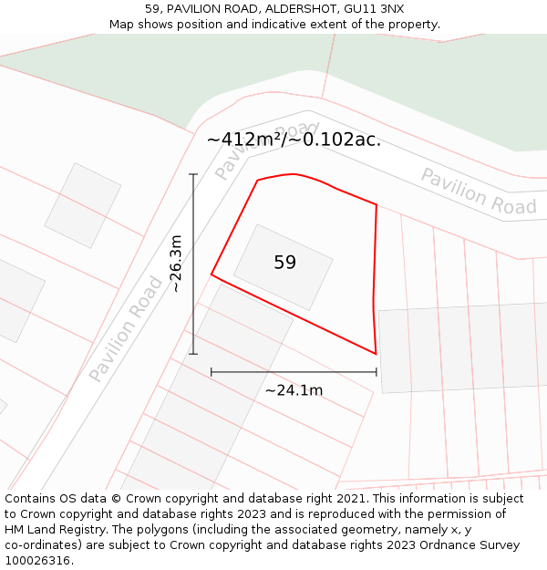 59, PAVILION ROAD, ALDERSHOT, GU11 3NX: Plot and title map