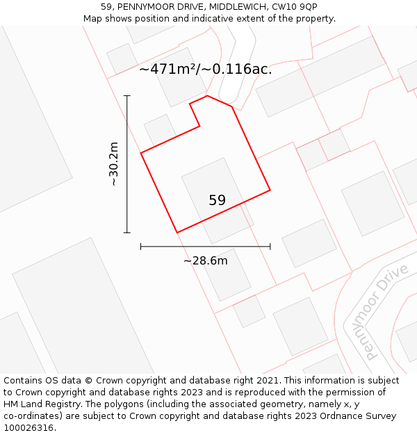 59, PENNYMOOR DRIVE, MIDDLEWICH, CW10 9QP: Plot and title map