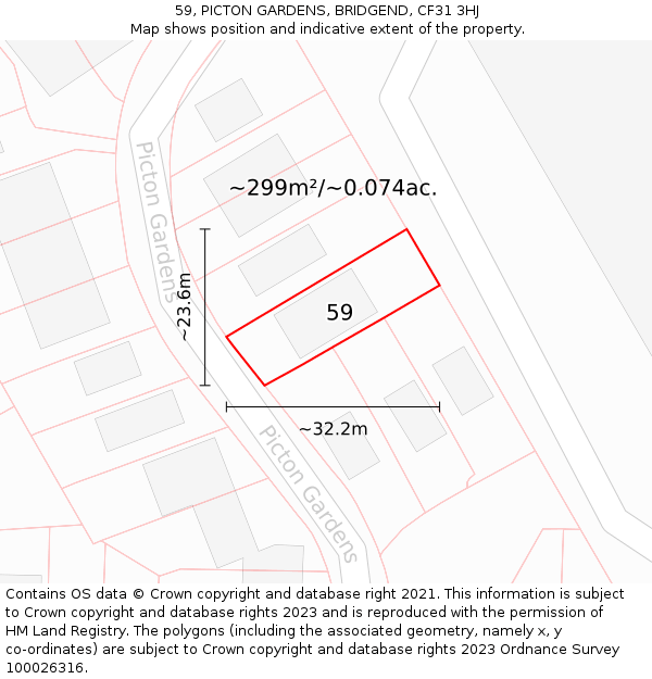 59, PICTON GARDENS, BRIDGEND, CF31 3HJ: Plot and title map