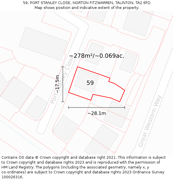 59, PORT STANLEY CLOSE, NORTON FITZWARREN, TAUNTON, TA2 6FD: Plot and title map