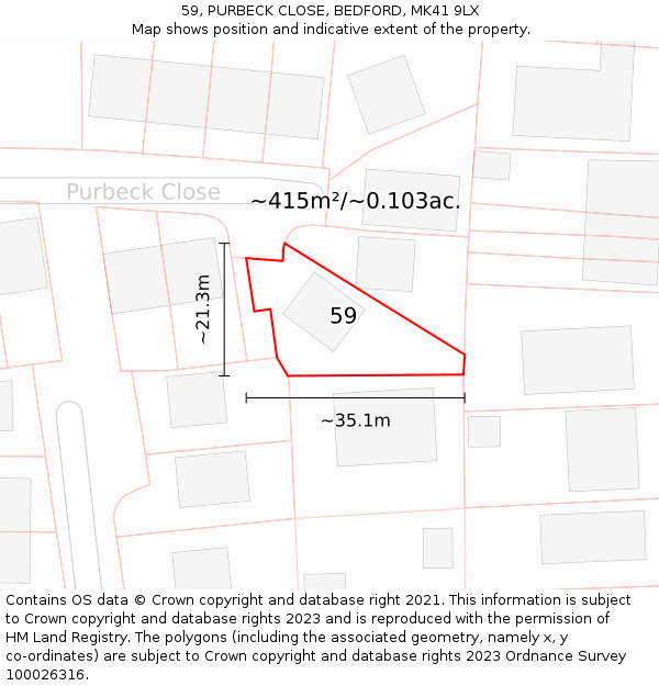 59, PURBECK CLOSE, BEDFORD, MK41 9LX: Plot and title map