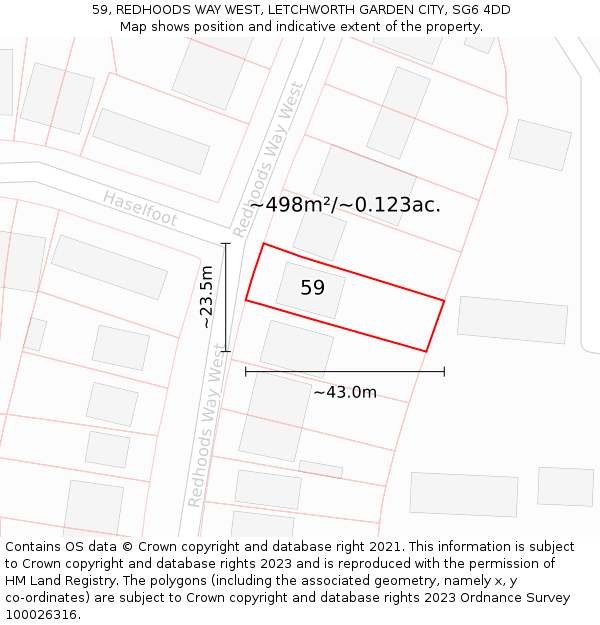 59, REDHOODS WAY WEST, LETCHWORTH GARDEN CITY, SG6 4DD: Plot and title map