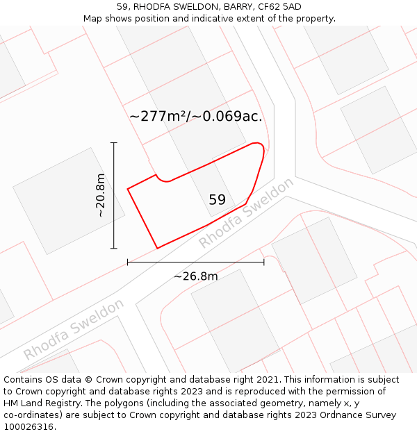 59, RHODFA SWELDON, BARRY, CF62 5AD: Plot and title map