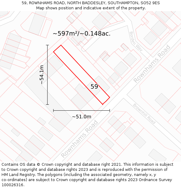 59, ROWNHAMS ROAD, NORTH BADDESLEY, SOUTHAMPTON, SO52 9ES: Plot and title map