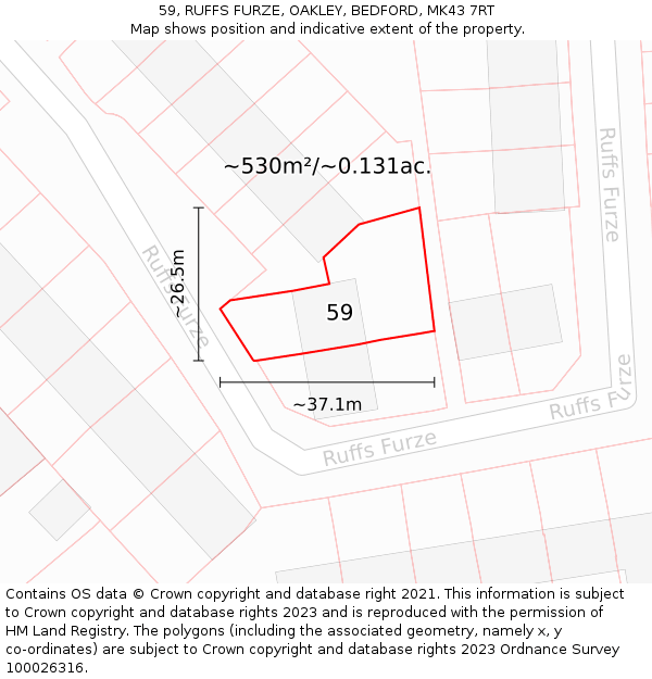 59, RUFFS FURZE, OAKLEY, BEDFORD, MK43 7RT: Plot and title map