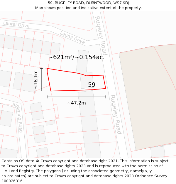 59, RUGELEY ROAD, BURNTWOOD, WS7 9BJ: Plot and title map