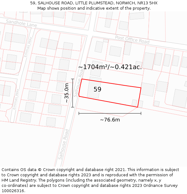 59, SALHOUSE ROAD, LITTLE PLUMSTEAD, NORWICH, NR13 5HX: Plot and title map