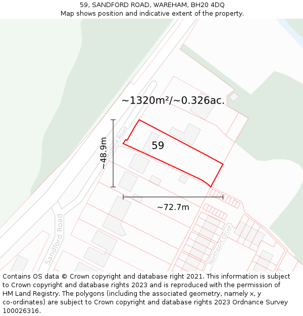 59, SANDFORD ROAD, WAREHAM, BH20 4DQ: Plot and title map