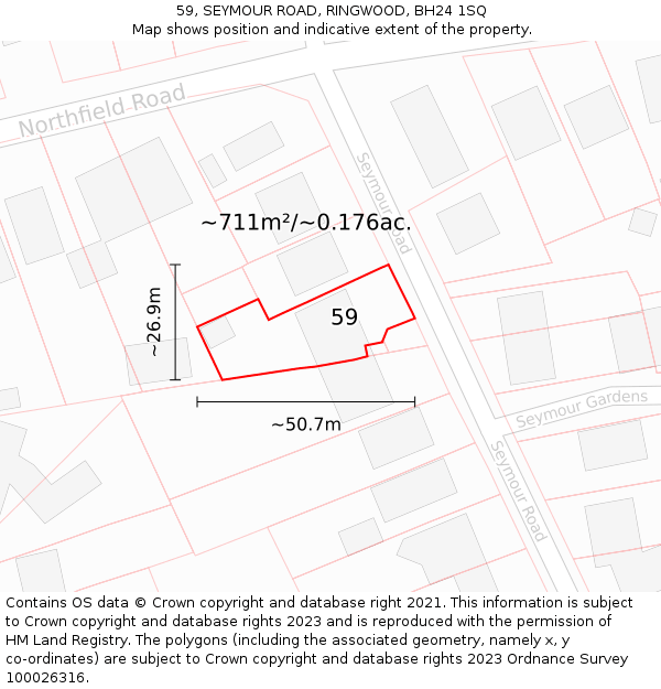 59, SEYMOUR ROAD, RINGWOOD, BH24 1SQ: Plot and title map