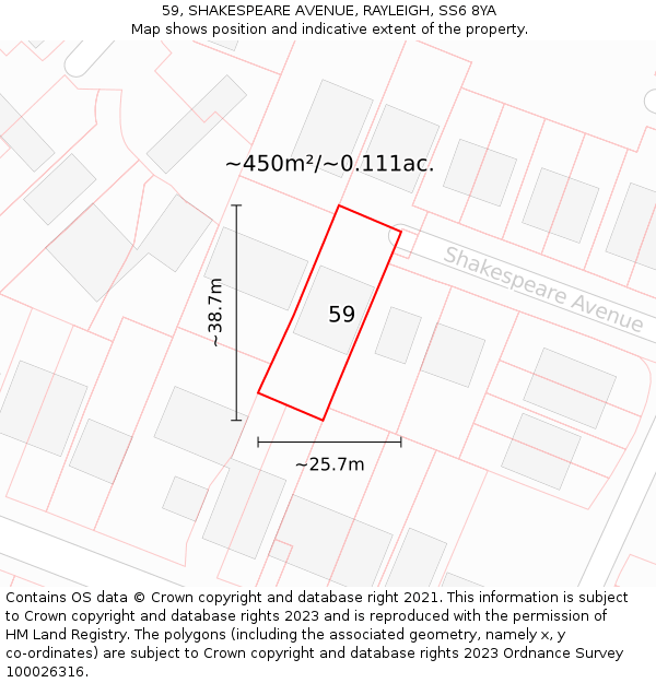 59, SHAKESPEARE AVENUE, RAYLEIGH, SS6 8YA: Plot and title map