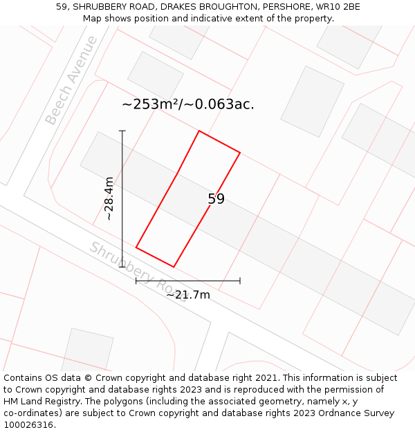 59, SHRUBBERY ROAD, DRAKES BROUGHTON, PERSHORE, WR10 2BE: Plot and title map