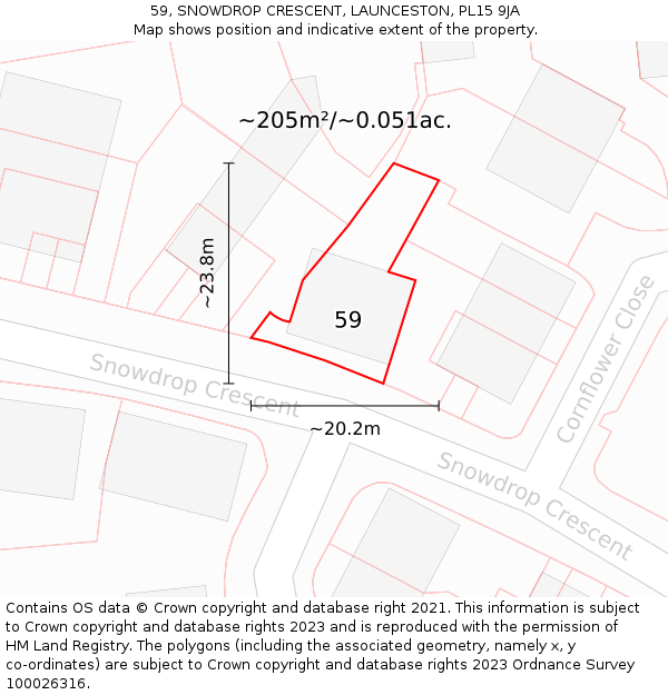 59, SNOWDROP CRESCENT, LAUNCESTON, PL15 9JA: Plot and title map