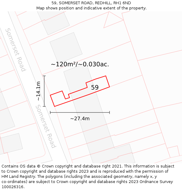 59, SOMERSET ROAD, REDHILL, RH1 6ND: Plot and title map