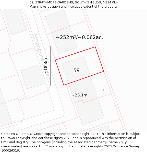 59, STRATHMORE GARDENS, SOUTH SHIELDS, NE34 0LH: Plot and title map