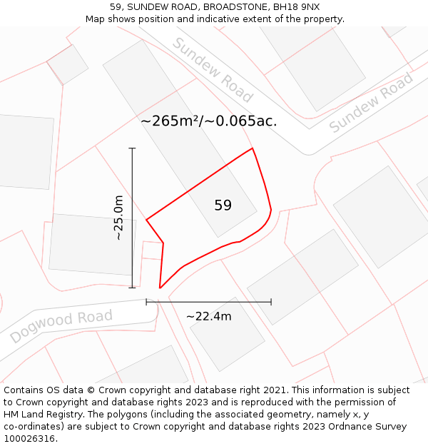 59, SUNDEW ROAD, BROADSTONE, BH18 9NX: Plot and title map