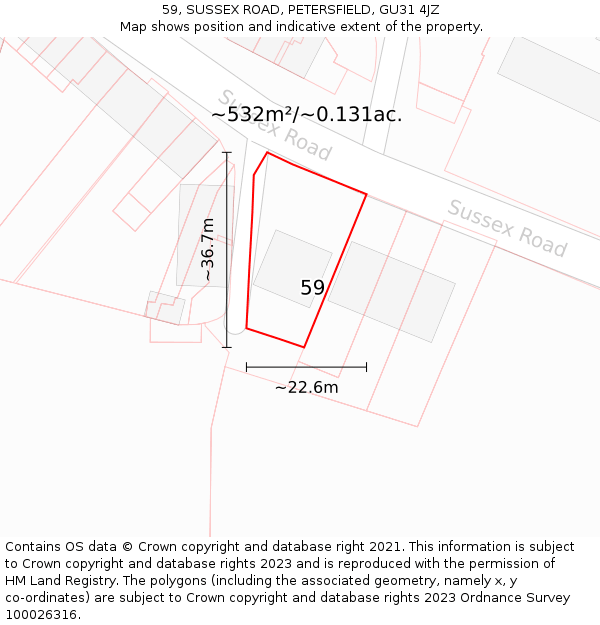 59, SUSSEX ROAD, PETERSFIELD, GU31 4JZ: Plot and title map