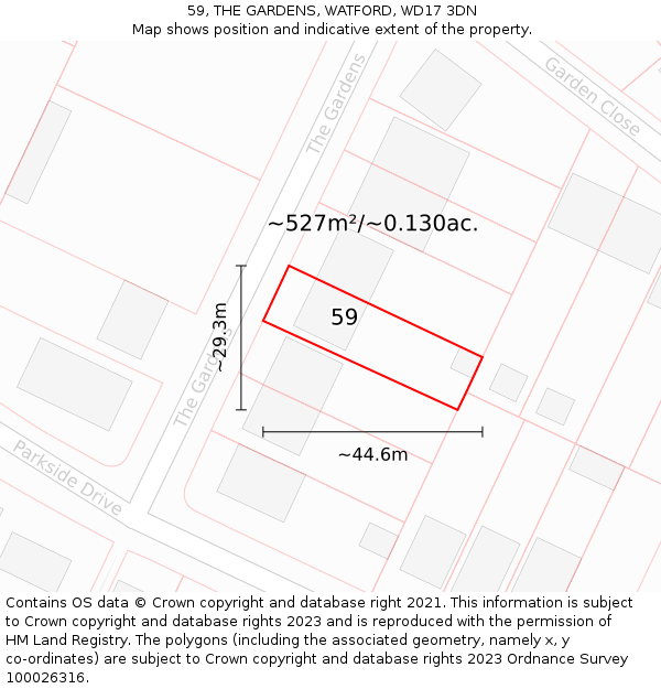 59, THE GARDENS, WATFORD, WD17 3DN: Plot and title map