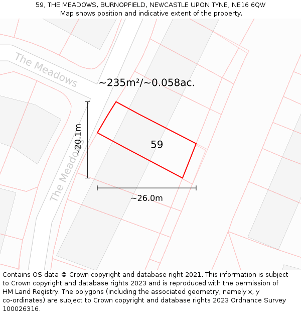 59, THE MEADOWS, BURNOPFIELD, NEWCASTLE UPON TYNE, NE16 6QW: Plot and title map