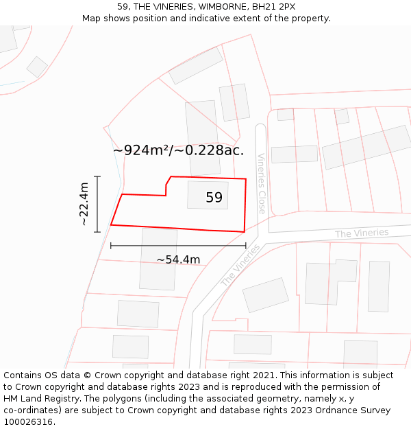 59, THE VINERIES, WIMBORNE, BH21 2PX: Plot and title map