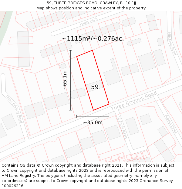 59, THREE BRIDGES ROAD, CRAWLEY, RH10 1JJ: Plot and title map