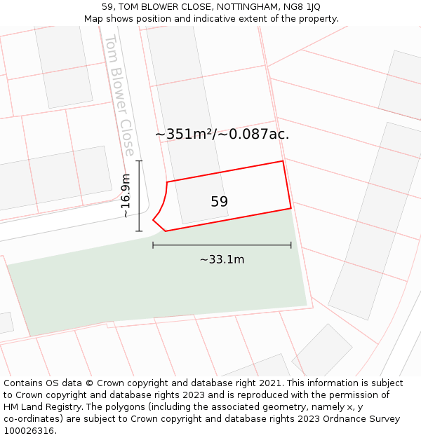 59, TOM BLOWER CLOSE, NOTTINGHAM, NG8 1JQ: Plot and title map