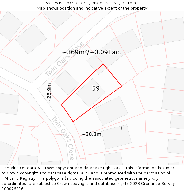 59, TWIN OAKS CLOSE, BROADSTONE, BH18 8JE: Plot and title map