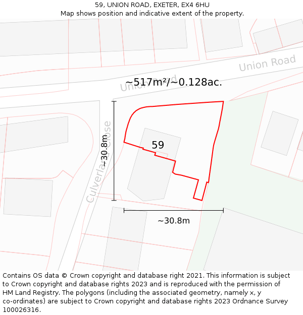59, UNION ROAD, EXETER, EX4 6HU: Plot and title map