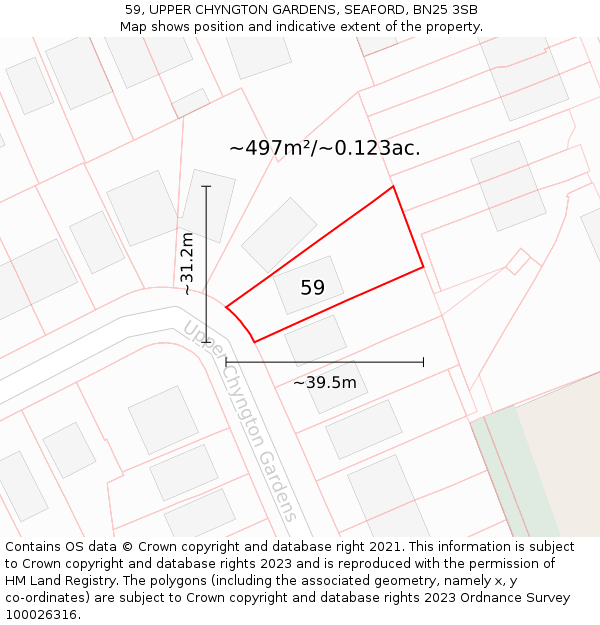 59, UPPER CHYNGTON GARDENS, SEAFORD, BN25 3SB: Plot and title map