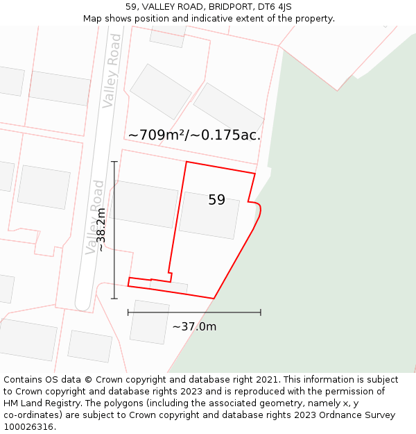 59, VALLEY ROAD, BRIDPORT, DT6 4JS: Plot and title map