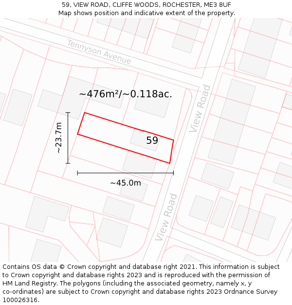 59, VIEW ROAD, CLIFFE WOODS, ROCHESTER, ME3 8UF: Plot and title map