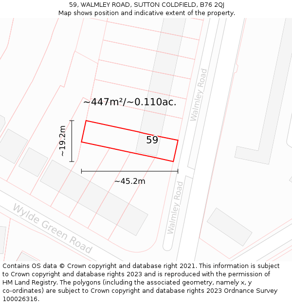 59, WALMLEY ROAD, SUTTON COLDFIELD, B76 2QJ: Plot and title map
