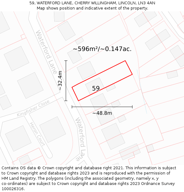 59, WATERFORD LANE, CHERRY WILLINGHAM, LINCOLN, LN3 4AN: Plot and title map