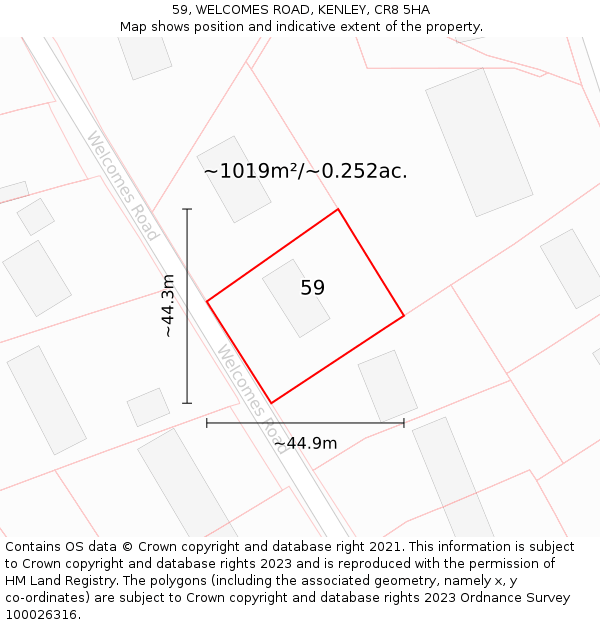 59, WELCOMES ROAD, KENLEY, CR8 5HA: Plot and title map