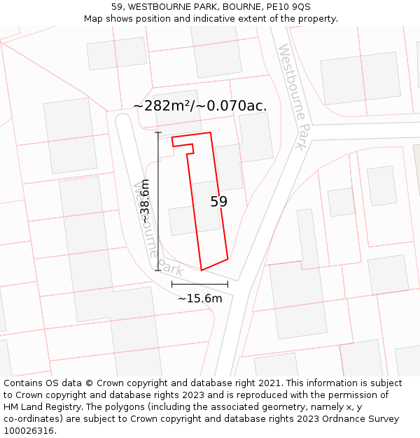 59, WESTBOURNE PARK, BOURNE, PE10 9QS: Plot and title map