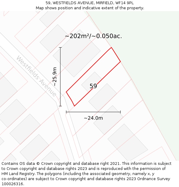 59, WESTFIELDS AVENUE, MIRFIELD, WF14 9PL: Plot and title map