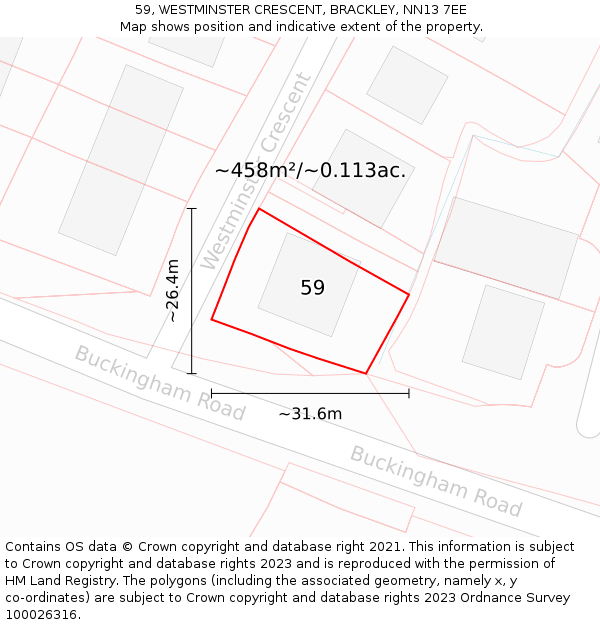 59, WESTMINSTER CRESCENT, BRACKLEY, NN13 7EE: Plot and title map