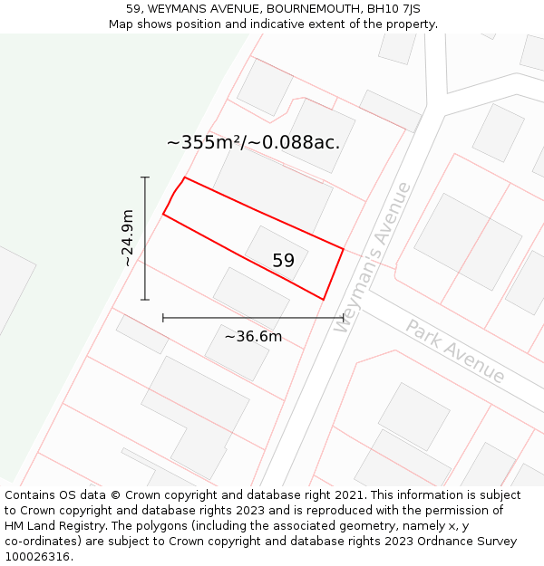 59, WEYMANS AVENUE, BOURNEMOUTH, BH10 7JS: Plot and title map