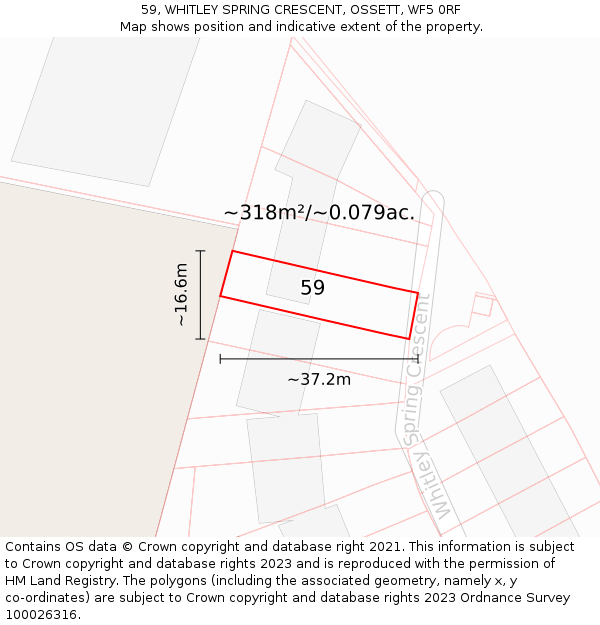 59, WHITLEY SPRING CRESCENT, OSSETT, WF5 0RF: Plot and title map