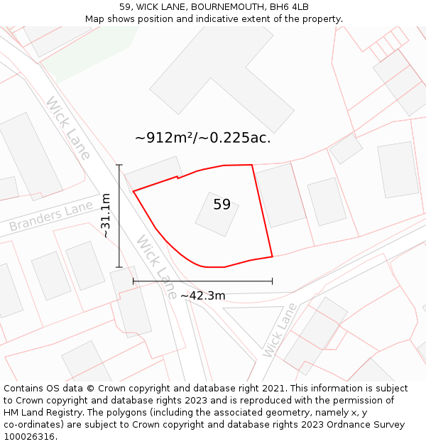 59, WICK LANE, BOURNEMOUTH, BH6 4LB: Plot and title map