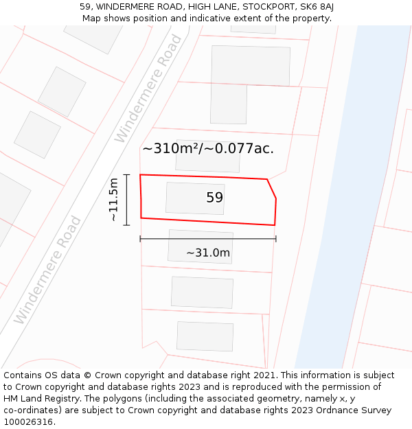 59, WINDERMERE ROAD, HIGH LANE, STOCKPORT, SK6 8AJ: Plot and title map