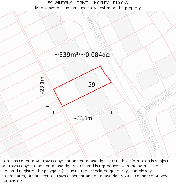 59, WINDRUSH DRIVE, HINCKLEY, LE10 0NY: Plot and title map