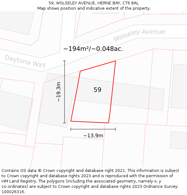 59, WOLSELEY AVENUE, HERNE BAY, CT6 8AL: Plot and title map