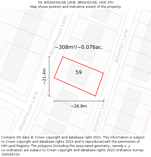 59, WOODHOUSE LANE, BRIGHOUSE, HD6 3TH: Plot and title map