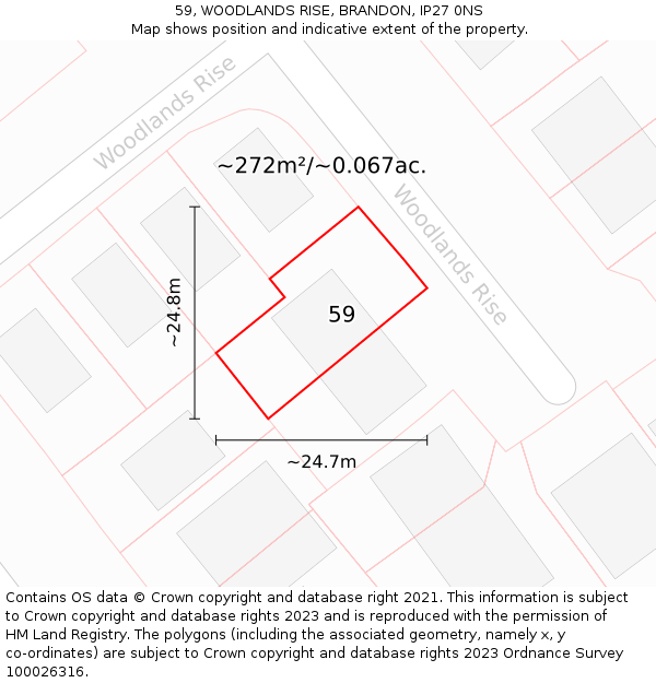 59, WOODLANDS RISE, BRANDON, IP27 0NS: Plot and title map