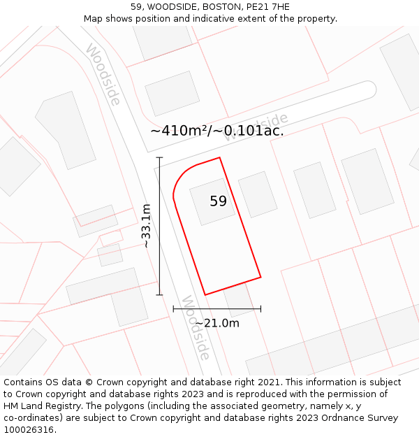 59, WOODSIDE, BOSTON, PE21 7HE: Plot and title map