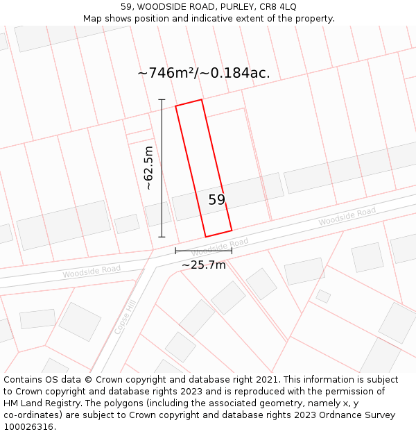 59, WOODSIDE ROAD, PURLEY, CR8 4LQ: Plot and title map