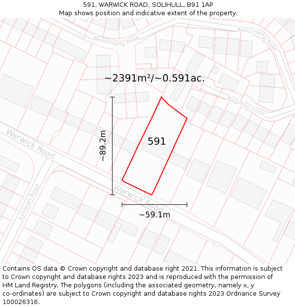 591, WARWICK ROAD, SOLIHULL, B91 1AP: Plot and title map